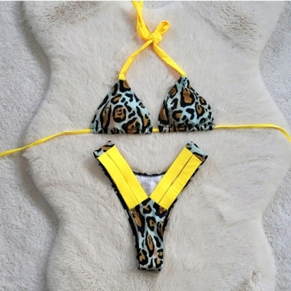 New Yellow Leopard Slide Triangle Brazilian Bottom Bikini Set Swimsuit Size S - Picture 5 of 6